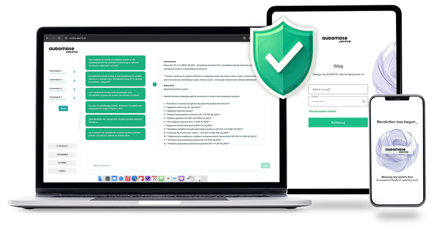 Audomate app — audit chat interface on laptop, tablet and phone, showing a compliance checklist with grounded, cited answers
